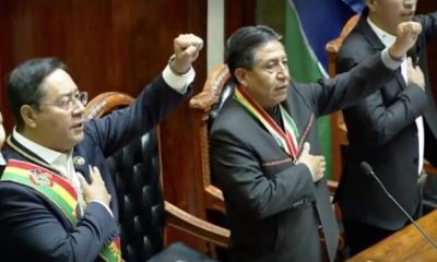 Juran Luis Arce y David Choquehuanca con presidente de Bolivia